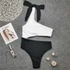 White Black One Shoulder Swimsuit Women Sexy Bow Knot High Cut Out Piece Swimwear Swim Beach Wear Bath Suit Monokini 210702