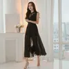 Women Summer Dress Sexy Black Hollow Lace Patchwork Sleeveless High Waist Boho Style Beach Long Chiffon Robe Femme 210603