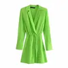 Casual Dresses 2022 Fashion Solid Chic Mini Shirt Dress With Shoulder Pads Cozy Long Sleeve Wrap Office Lady Pleated For Beach Holiday