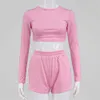 DAILOU Sexy Two Piece Set Women Backless Outfits O Neck Tracksuit Long Sleeves Slim Crop Top Shorts Casual 2 Piece Matching Sets Y0702