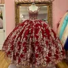 Роскошные золотые кружева темно-красный Quinceanera платье-бальное платье Милая шея бисером аппликации выпускные платья принцесса сладкие 15 16 платьев