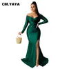 CM.YAYA Autumn Winter Women Off Shoulder Plunging V-neck High Side Split Mermaid Maxi Dress Sexy Night Party Club Long Dresses 211206