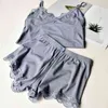 Dois peça pijama de algodão conjunto para mulheres sexy lace top e shorts pijama conjuntos espaguete strap sleepwear alta roupa de mulher elástica 210809