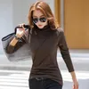 Shintimes outono inverno t camisa mulheres manga longa t-shirt botão patchwork meia turtleneck slim camiseta womens tops roupas 210615