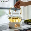 Borrey Handtag Glas Tekanna Värmebeständig blomma Tea Kettle Stor Klar Fruktjuice Container Keramisk hållare Bas 210621