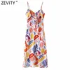 Zevity女性のファッション落書きプリントスプリットカジュアルスリングドレス女性の背中の蝶の縛られたサイドジッパーヴェスティドシックなドレスDS8382 210603