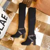 Luxury Sock Heel Boots Fashion Stickad Elastic Boot Designer Long Tube Alfabetiska Kvinnor Skor Lady Letter Tjocka Högklackat Storlek 35 till 42