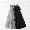 Lanmrem 가을 패션 여성 의류 얇은 스트라이프 탄성 주름 콘트라스트 색상 A 라인 하프 바디 스커트 WG19005 210730