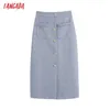 Tangada Women Frayed Trims Pockets Tweed Midi Skirt Vintage High Waist Back Zipper Female Skirts BE924 210609