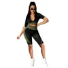 2022 Summer Tracksuits Kvinnor Striped Tryckta Shorts Två Piece Jogger Set Biker Shorts Outfit Sheer Yoga Byxor