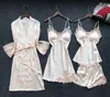 4pcslot Seksi Kadın Çöp Gown Setleri Dantel Banyıl Gece Elbisesi Skeces Womens Uyku Sahte İpek Femme Lingerie Y200429