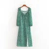 Весенняя старинная с длинным рукавом Зеленое цветочное платье Женщины осень зима щель длинного макси 2020 листьев печати Boho платье Vestidos X0705