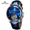 Horloges Reef Tiger/RT Real Tourbillon Mannen Automatische Mechanische Horloges Blauw Lederen Band Waterdicht Saffierglas Horloge