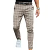 Mens Check Pants Slim Fit Soft Stretch Casual Long Trousers Work Office Business Male Summer Casual Long Pant Streetwear 211112