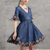 Embroidery V-neck Short Dresses for Women Elegant Bandage Design Silm Waist Vintage Feminino Vestidos Summer 210525