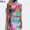 KLIOUプリント2個セット女性サマーホルター劈開タンク+ボディコンスカートマッチング衣装女性服パーティーストリートウェア220302