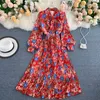 Autumn Bohemian Floral Long Dress Women Vacation Beach Party Vestidos Female Bow Collar Lantern Sleeve Chiffon Robe Fashion 210304