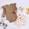 Baby flicka kläder barn långärmad solid rompers solros tryckt triangel ruffle boutique jumpsuits casual onesie barn 3pcsset 1165732