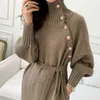 Women Casual Turtleneck Warm Knitted Sweater Dress Female Elegant Solid Lace-Up Dress Knitted Ladies Fashion Autumn Winter Dress G1214