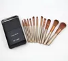 12 pc Makeup Brush Set Gold Metal Box Rod Full Wooden Handle High Grade Professional Make Up Brushes Kit