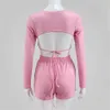 Dailou Sexy Två Piece Set Kvinnor Backless Outfits O Neck Tracksuit Långärmad SLIM Crop Top Shorts Casual 2 Piece Matching Sets Y0702