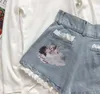 Women Lace Angel Printed Denim Shorts Cartoon Print High Waist 210724