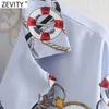 Zevity Summer Women Print Hem Knotted Short Blue Blouse Ladies Short Sleeve Chic Kimono Beskära Kemininas Blusas Tops LS9124 210603