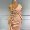 Peach Pink Mermaid Prom Dresses V Neck Long Sleeve Beaded Crystal Evening Dress Overskirts Pageant Gowns Custom Made