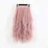 FTLZZ Tulle Skirts Women High Waist Mesh Skirt Hem Asymmetrical Pleated Midi Skirt Female Black Pink Summer Midcalf Skirts 210311