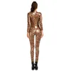 Aiiou Sexy Leopardo Bodysuit Wet Look Faux Leather Catsuit Hot Erótico Mulheres Zipper Aberta Crótico Jumpsuit Mistress Trajes Sexuais 210317