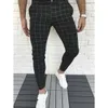 Mäns Slim Fit Stretch Skinny Dress Byxor Business Casual Plaid Penna Social Suit Pant Y0811