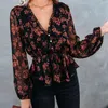 Kadın Bluzlar Gömlek Sonbahar Çiçek Baskı İpli Gömlek Bluz Kadın Bahar Uzun Kollu V Boyun Ince Kadın Chic Düzensiz Rahat Tops
