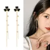 925 boucles d'oreilles en argent sterling trois feuilles fleur trèfle longue gland boucle d'oreille en cristal noir bijoux présents pour les filles dame 2020 INS