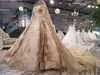 Gold Luxury Dubai Arabic Muslim Wedding Dresses Long Sleeves Crystal Beaded Lace Vestidos HIgh Neck A Line Bridal Gowns Chapel Train AL8789