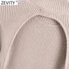 Zeefity Dames Turtleneck Lantern Mouw Breien Slanke bodysuits Vrouwelijke Chique Patchwork Playsuits Sexy Backless Romper LS7600 210603