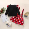 2Pcs Toddler Christmas Outfits Reindeer O-Neck Long Sleeves T-Shirt Plaid Suspenders Skirt for Girls G1026