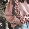 Felpe con cappuccio da donna Felpe Fargeous Felpa con volant con maniche a spalla goccia Donna Casual Allentato Pullover rosa Autunno 2021 Girocollo corto F