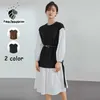 Fansilanen Fake Two Piece Spring Midi Vestido Mujer Patchwork Casual Camisa negra Cinturón femenino Vendaje suelto elegante 210607