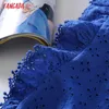 Tangada Women Blue Embroidery Romantic Cotton Blouse Shirt Backless Ruffles Sleeve Chic Female Shirt Tops 6H81 210609