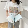 ボルラディーズ油絵プリントTシャツの女性半袖ルーズ100％コットンシャツ女性のベーシックトップス夏の女性ティーフェムミ210720