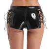 Womens Wetlook Sexy Mini Shorts Leather Low Rise Hollow Out Lace-up Zipper Crotch Booty Shorts para Night Cocktail Party Clubwear 210611