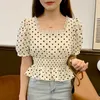 Ly Varey Lin Verão Mulheres Renda Sweet Square Collar Short Camisas Tops Elegant Buff Sleeve Sleeve Polka Dot Dobras Feminina Slim 210526