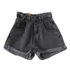 Été taille haute Denim Shorts femmes décontracté dames en vrac mode retrousser ourlet taille élastique poche bleu gris jean femme