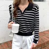 Kvinnor Långärmad Striped Polo Collar Tröja Kvinnlig Elegant Vår Höst Casual Toppar Koreansk stil Tunna stickade Chic Pullovers 211103