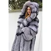 Длинной серебряный цвет мех с длинным пальто женский капюшон S для плюс размер Faux 211207