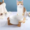 Bacia de gato de cerâmica de 6 polegadas com suporte de madeira sem derramamento animal de estimação alimentador de água gatos Cães pequenos 400ml branco