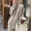 REALEFT Autumn Winter 2 Pieces Women's Sets Knitting Tracksuit O-Neck Split Sweater and Loose Wide Leg Pants Pullover Suits 211116