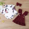 Autumn Children Sets Casual Meninas Manga Curta Floral Tops Claret Suspenders Saia Cute Roupas 9m-3T 210629