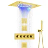 Termostatico in oro spazzolato 14 x 20 pollici LED Cascata a pioggia Soffione doccia di fascia alta Miscelatore per vasca Set getto spruzzatore per il corpo Tutte le funzioni possono funzionare insieme