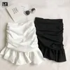 Ly Varey Lin夏の女性カジュアル不規則なAライン白いミニスカート甘いハイウエストのソリッドカラー黒い折り台210526